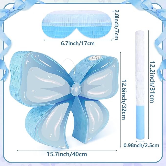 Hooqict Blue Bow Pinata with Blindfold and Bat Stick Frozen Pinata for Birthday Party Games Girls Kids Bow Themed Party Decorations Supplies (Small Size 16"x13"x3")