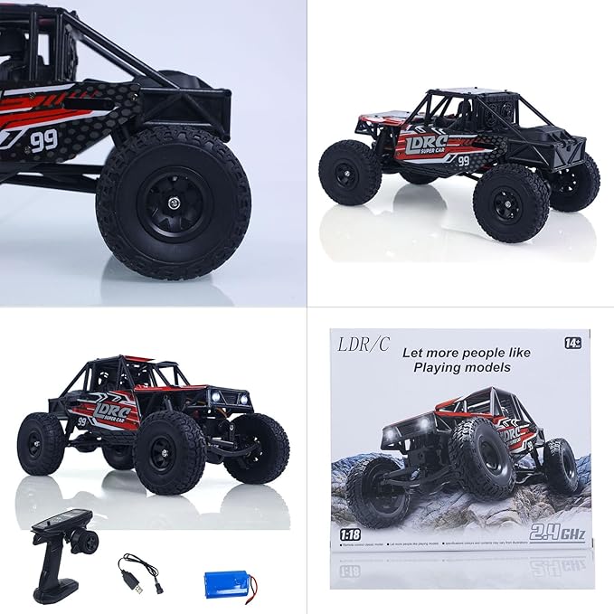 LDRC Ld18499 1/18 2.4G RC Climbing Car 4 * 4 Remote Control Vehicle 280 Brushed Motor Esc Ready to Go Battery Servo USB Charge Hobby Grade Model for Adult Hobby(Red)