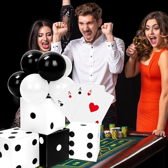 68 Pcs Casino Party Boxes Balloon Poker Cards Decoration-16 Pcs 11 in Casino Dice Favor Boxes 16 Jumbo Playing Cards 36 Balloons for Game Night Birthday Grad Prom Party Supplies(Black White)