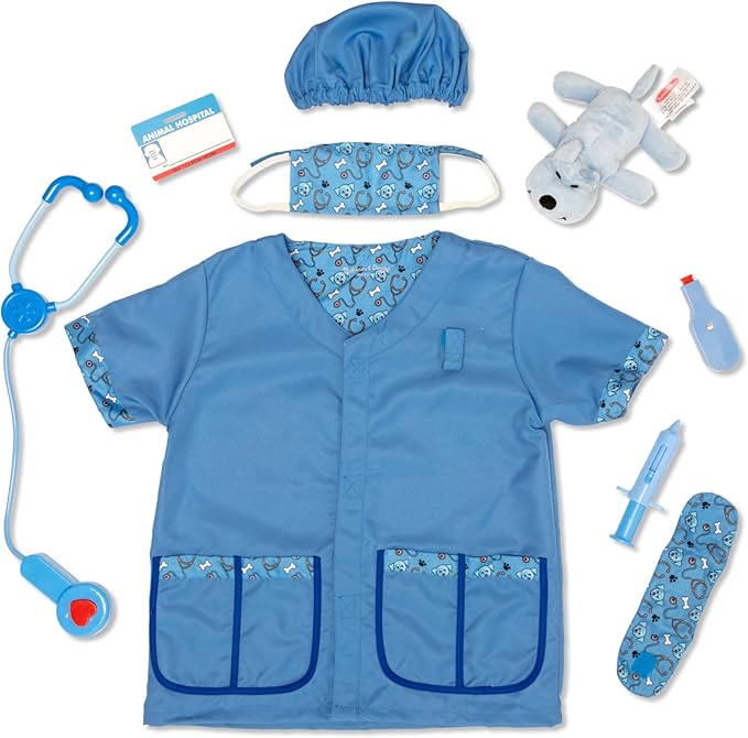 Melissa & Doug Veterinarian Role Play Costume Dress-Up Set, Kids Vet Pretend Play Outfit with Plush Dog, Electronic Stethoscope & Animal Doctor Toys for Kids 3+