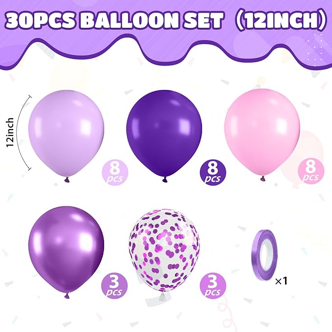 Pink and Purple Balloons, Pink Lavender Dark Purple Metallic Confetti Latex Balloons for Girls Women Birthday Party Baby Shower Bridal Shower Wedding Decorations