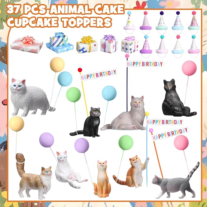 Weysat 37 Pcs Cat Birthday Party Decorations, Cat Cake Cupcake Toppers with Mini Hats Miniature Flags Gift Boxes Balls Figure Models for Kitty Birthday Party Supplies Adults