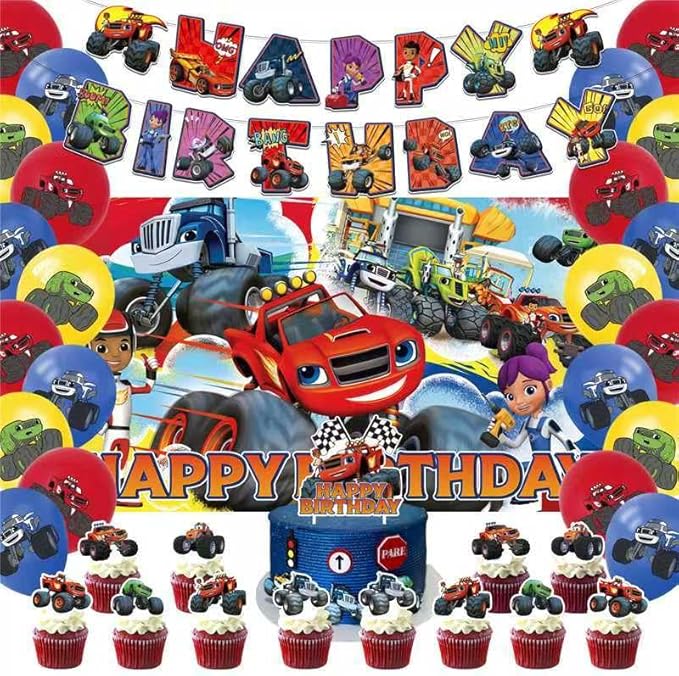 42pcs Blaze and the monster Birthday Party Supplies Pack Includes，Banner，Cake Topper，Blackdrop,Balloons for Blaze Party Supplies