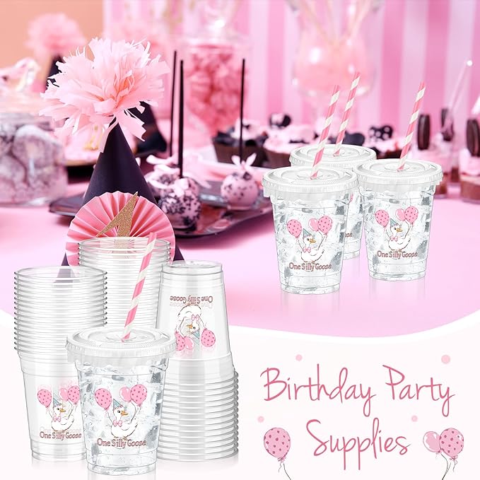 Domensi 50 Pcs One Silly Goose Birthday Party Plastic Cup 12 oz Pink Bow Goose Thick Clear Cup Mugs First Birthday Table Decorations Party Favor