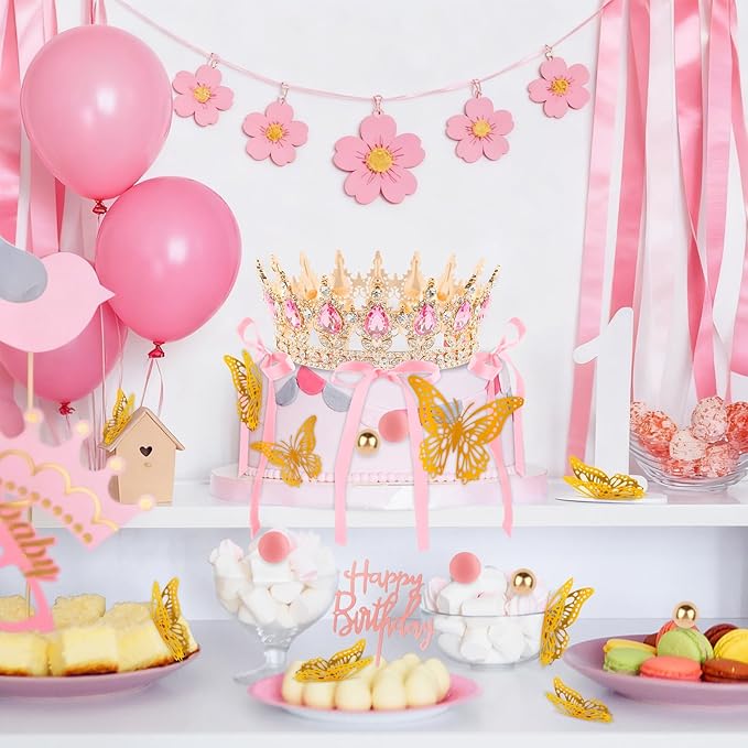 Hooqict 24Pcs Crown Cake Decorations Set with Pink Bows Gold Butterflies Happy Birthday Crown Cake Toppers & Cupcake Toppers for Girls Women Pastel Princess Queen Birthday Party Decorations Supplies