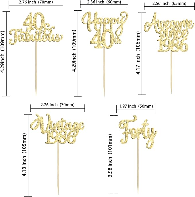 30Pcs Vintage 1986 Cupcake Toppers Glitter Forty Happy 40th Birthday 40 Fabulous Cupcake Picks Cheers to 40 Years for 40th Birthday Wedding Anniversary Party Cake Decorations Supplies Gold