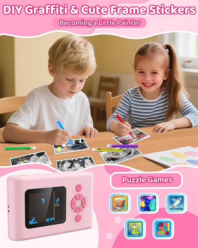 Kids Camera Instant Print, 20MP 1080P Video Instant Print Camera for Kids with 32GB SD Card, 240 Photos Printing, Face Recognition, ABS Durable, Christmas Birthday Gifts for Ages 3-12 (Pink)