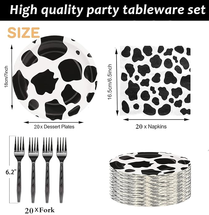 60pcs Cow Print Party Supplies - Cow Themed Tableware Set with 7" Paper Plates, Napkins & Forks for Kids Birthday Party (Serves 20)
