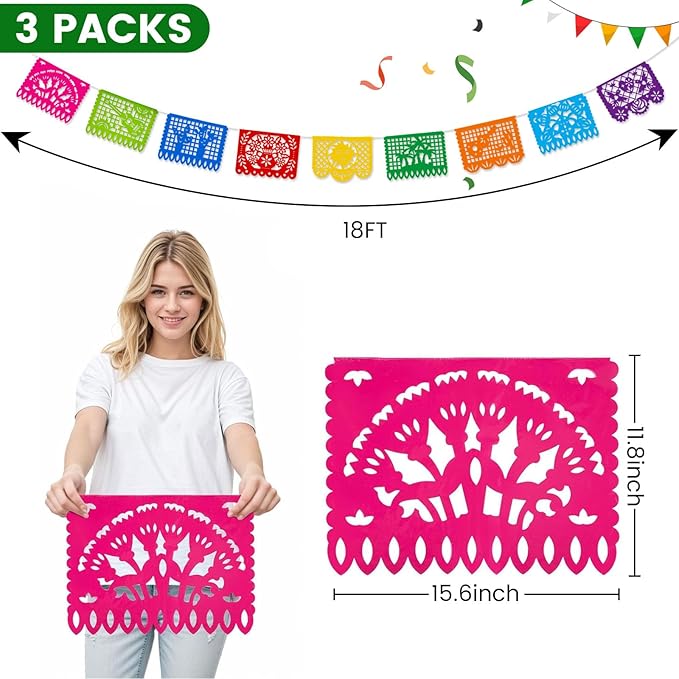 DomeStar 3 Packs Mexican Party Decoration, 54 Feet Plastic Papel Picado Fiesta Banner Cinco de Mayo Garland for Mexican Birthday Party Supplies