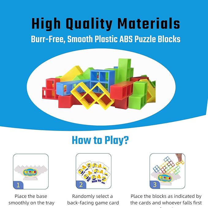 64 Pcs Stacking Tower Game with 22 Cards, Giant Tumble Balance Game for Kids, Family Games for Kids and Adults, Easter Gifts for Teen Boys & Girls, Party Board Game for Kids 6-12 & Adults