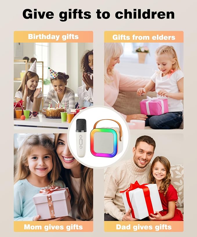 Mini Karaoke Machine Speaker for Kids Adults,Portable Bluetooth with 1-2 Wireless Microphones,Christmas Birthday Gifts Toys Girls Boys Ages 4, 5, 6,7, 8,9,10,11,12+ Years Old Toddler (Off-White -1Mic)