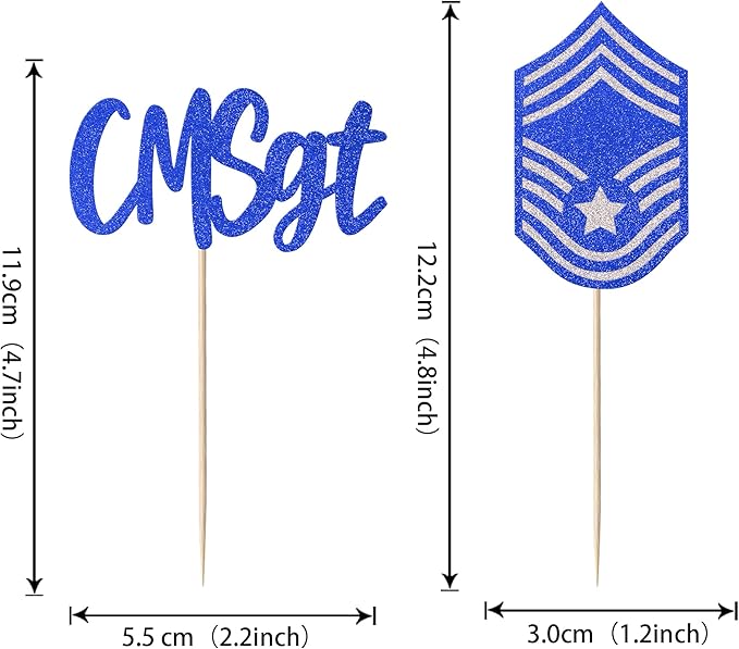24 Pack Chief Master Sergeant Cupcake Toppers Glitter CMSGT Military Themed Bound Emblem Cupcake Picks for Congrats Retirement Army Navy Theme Birthday Cake Decorations Party Supplies Blue