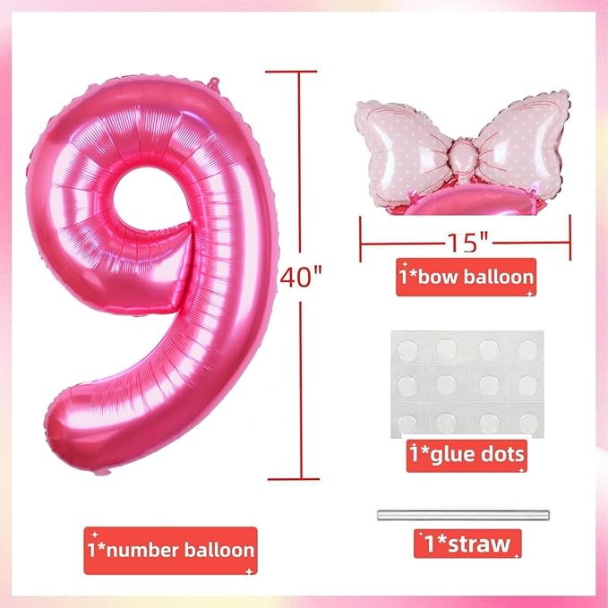 40 Inch Pink Number 9 Balloon with Mini Bow Balloon for Girls 9th Birthday Decorations, Pink Princess Western Cowgirl Theme Sweet Nine Birthday Party Balloons Decorations Supplies Favors