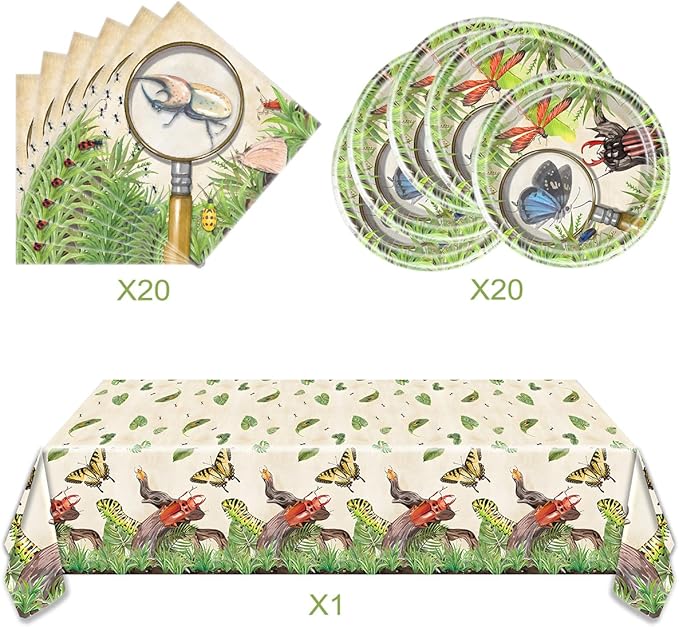 OULUN Bug Party Decorations Tableware, 20 Plates and 20 Napkins and Tablecloth86 '' x 51'' Birthday Party Decorations