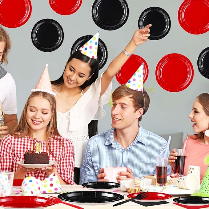 96 Pcs Red and Black Party Supplies Stranger Black and Red Paper Plates and Napkins Disposable Graduation Tableware Set for Congrats Grad Holiday Red Black Wedding Birthday Party Decorations Serves 24