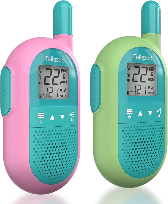 Talkpod Family Walkie Talkies for Kids 2Pack, Christmas Birthday Gifts for 3-12 Year Old Boy Girl Camping Hiking Toy with VOX LCD Backlight Screen 22CH FRS Two Way Radio(Pink+Green)