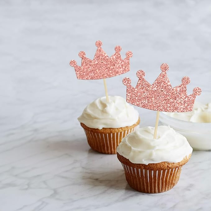 Ephlyn 24Pcs Crown Cupcake Toppers Glitter Queen Crown Cupcake Picks for Queen Princess Theme Baby Shower Girls Wedding Birthday Party Cake Decorations Supplies Rose Gold