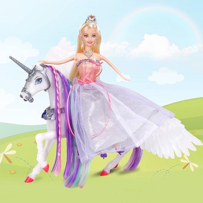 BETTINA Princess Doll with Color Changing Unicorn Toys, Unicorn Changes Color Under Sunshine, 11.5 Inch Doll with Princess Dress&Acessories, Xmas Birthday Toys Gifts for Girls 3-12
