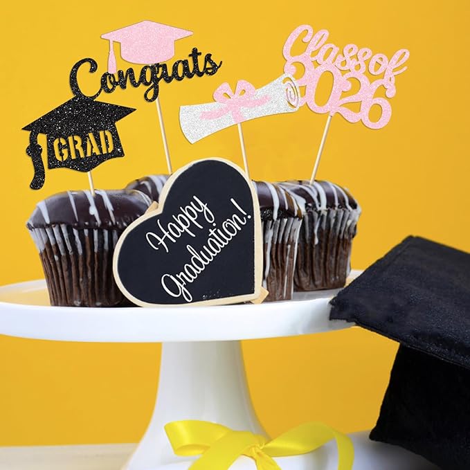 Pink Graduation Cupcake Toppers Decorations Class of 2026 Cupcake Topper Graduation Cup Cake Picks Congrats Grad Party Decor Supplies Set of 24