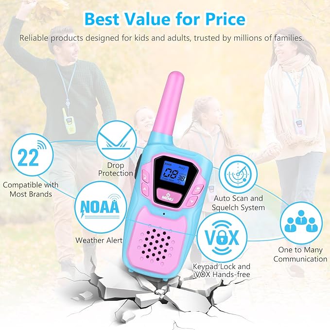 Walkie Talkies for Kids Girls Boys Toddler Long Range Walkie-Talkie Rechargeable 2 Pack for Adults Seniors Camping Skiing Cruise, Family Pink 2 Way Radio Toys with Lanyard NOAA USB VOX