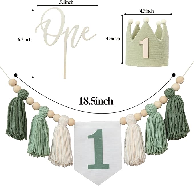 Wild One High Chair Banner For 1st Birthday Party Decorations With Green Wood Bead Tassel Garland Crown Hat Wooden Cake Topper