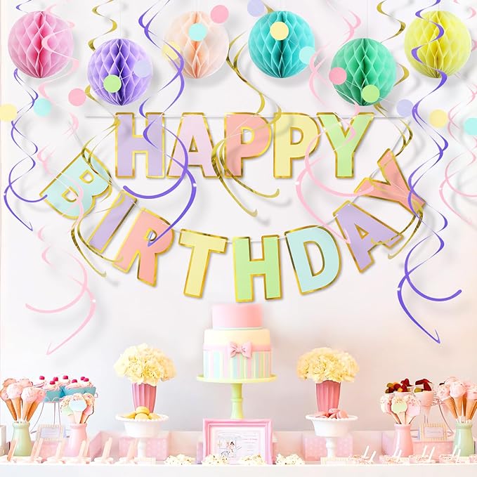 Pastel Birthday Decorations Kit - 17-Piece Set with Pre-Strung Happy Birthday Banner, Honeycomb Balls, Garland & Swirls | Macaron Theme Party Supplies for Women Girls Kids, Teens Adults