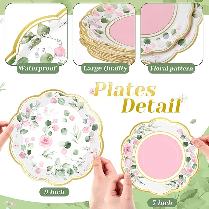 60 Pcs Eucalyptus Paper Plates 9 in and 7 in Pink Dessert Party Plates with Gold Rim Disposable Floral Shape Tableware for Wedding Birthday Party Baby Shower Bridal Shower