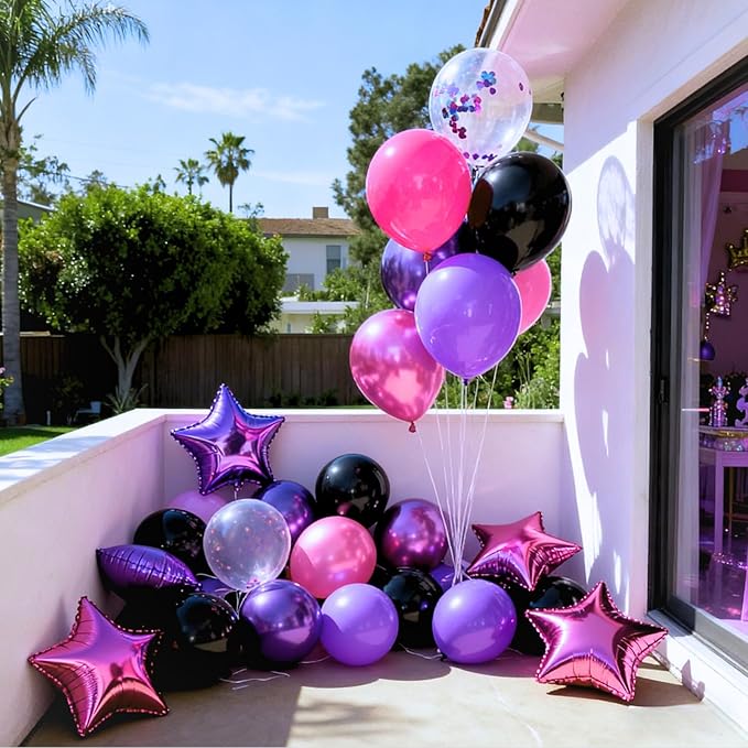 Purple Pink Black Balloons, 50Pcs 12 Inch Black Hot Pink Dark Purple Metallic Magenta Confetti Balloons for Girl Women Themed Birthday Party Bachelorette Baby Shower Wedding Celebration Decorations