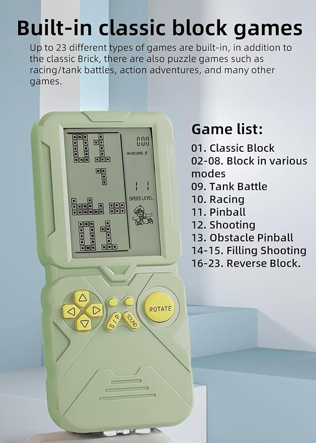 4.5-inch Block Retro Game Console Suitable for European/American Players Built-in 23 Games Racing/Tank war Adjustable Difficulty/Speed Gifts for Husbands/Boyfriends/Children Puzzle Toy (Green)