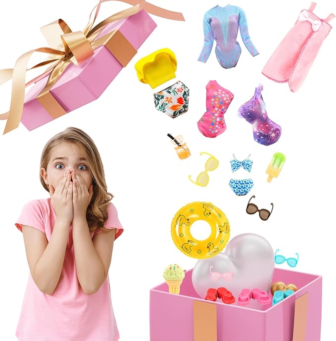 Lot 26 Pack Doll Clothes and Accessories Beach Bathing Set Including 5 Swimsuit 1 Bathrobe 2 Swimming Rings with 18 pcs Glasses Shoes Drinks for 11.5 inch Girl Dolls