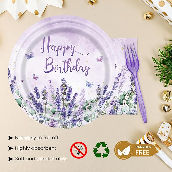 96Pcs Purple Party Supplies Lavender Paper Plates Napkins Watercolor Blooming Floral Cake Dessert Butterfly Birthday Floral Tableware for Birthday Wedding Picnic Baby Shower Decorations | 24 Guests