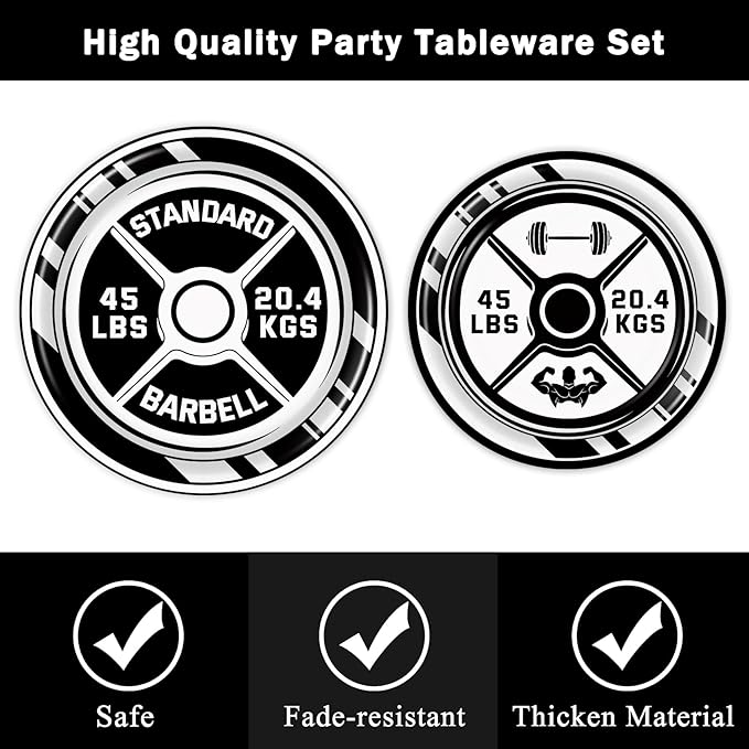 BQC 96 Pcs Gym Party Plates & Decorations - Birthday Party Supplies & Favors
