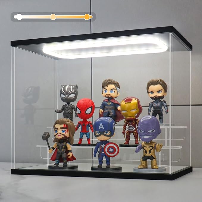 Clear Acrylic Display Case with Light 3 Tier Display Storage Box Assembly Dustproof Showcase for Collectibles Action Figures(Black, 12.0*6.9*9.4inch)