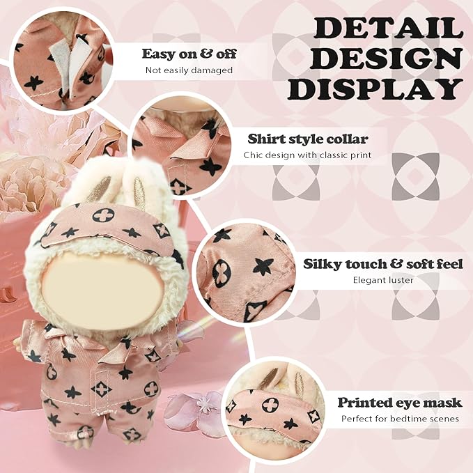 Clothes Compatible with LABUBU Doll - 3PCS Classic Set, 17cm Doll Clothes Designer Outfit for Cozy Night Theme, Stylish Luxury Pajama Accessories for Labubu, No Doll (Rosy Sleepwear Set)