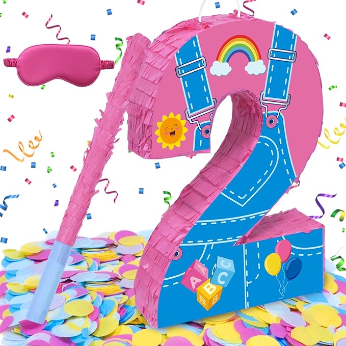 Pink Party Decorations,15.7‘’ Pink Number 2 Pinata with Stick Blindfold Confetti for Girls Boys 2nd Anniversary Party Decorations & Supplies (2nd)