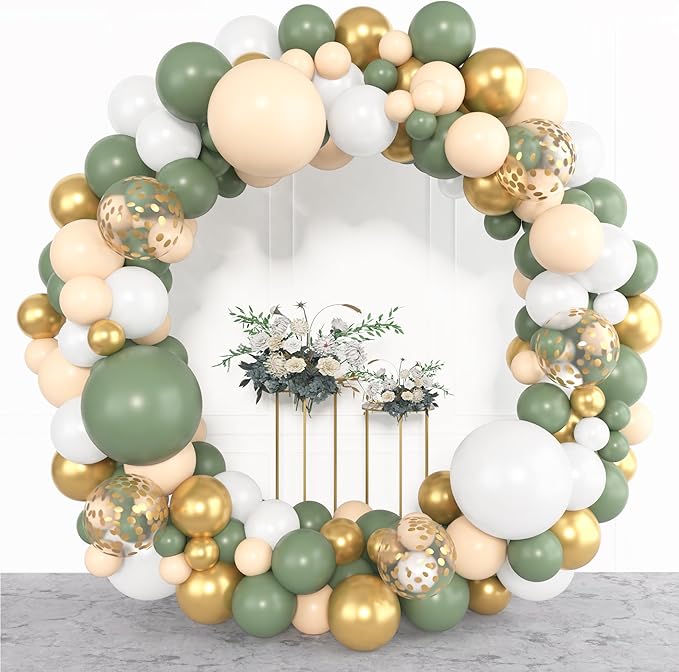 Amandir 153pcs Sage Green Balloon Garland Arch Kit, Different Sizes 18 12 10 5 inch Green Blush Gold Latex Metallic Confetti Gold Balloons for Birthday Baby Shower Wedding Safari Forest Decorations