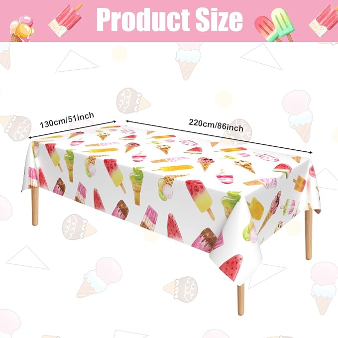 3 Pieces Ice Cream Plastic Tablecloth, 51 x 86 Inch Ice Cream Party Table Cover, Ice Cream Party Decorations, Suitable for Ice Cream Theme Birthday Party Supplies