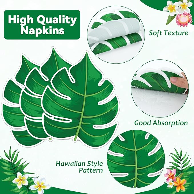 50PCS Hawaiian Luau Party Oval Paper Plates Green Leaf Shape Napkins Aloha Floral Party Supplies Large 11in Summer Platters Tableware Decoration Disposable Tropical Dish Tray for Beach Birthday Party