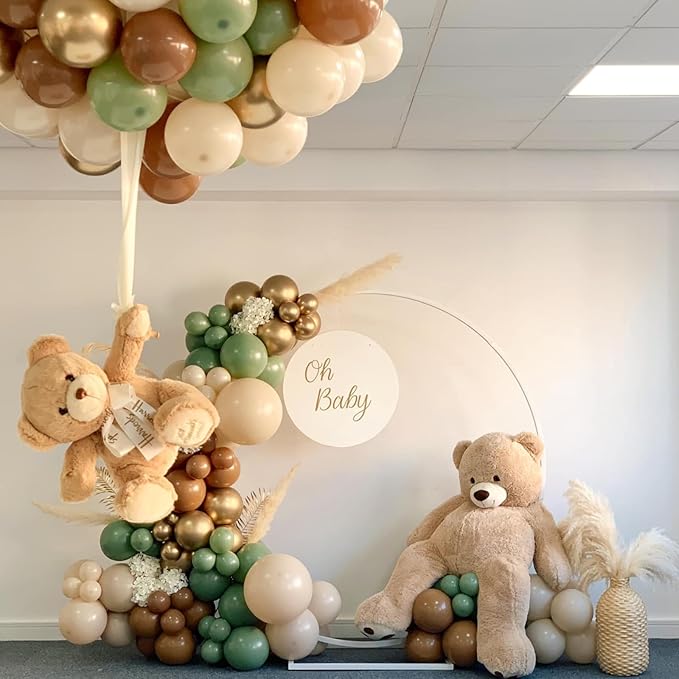 Green and Brown Balloons,12 Inch Sage Green Nude Metallic Gold and Brown Latex Balloons with Ribbon,for Birthday Baby Shower Camo Woodland Jungle Safari Party Decorations