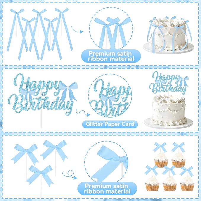 Blue Bow Birthday Decorations with Happy Birthday Sign, 6Pcs Ribbion Bow Cake Topper & 12Pcs Bow Cupcake Toppers, Bow Party Cake Decor, Tying the Knot Bridal Shower Party Supplies