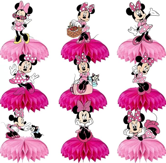 For Minnie Birthday Party Supplies, 9Pcs Honeycomb Centerpieces for Mouse Party Decorations, Double Sided Table Decorations Centerpieces Party