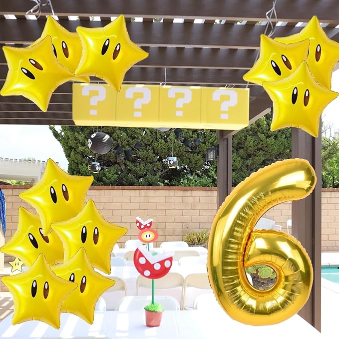 16PCS Foil Star Balloons, 40Inch Number 6 and Star Foil Balloons For Game Party 6th Birthday Party Decorations Children Party Supply Party Decor （6th）