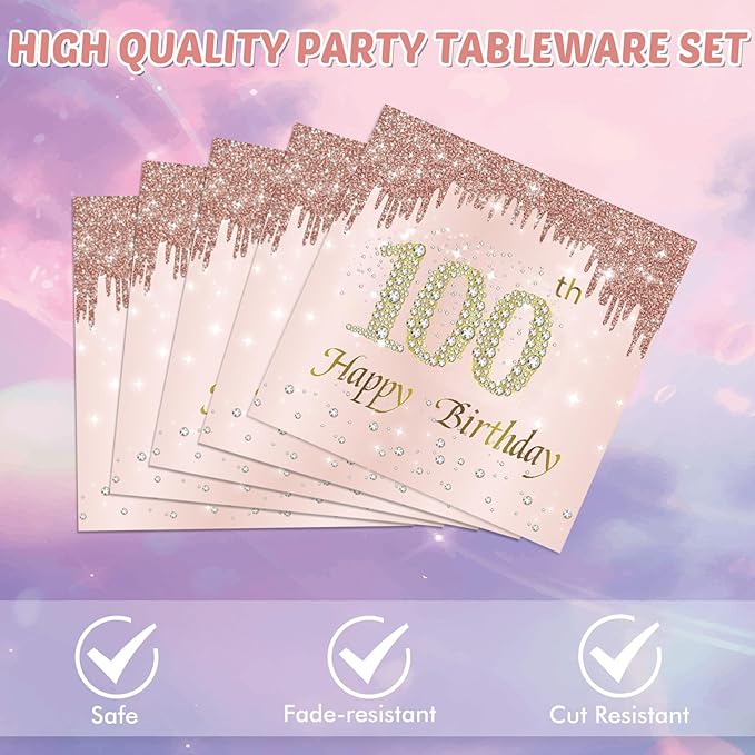 40PCS 100 Birthday Decorations for Women Vintage Rose Gold 100 Years Old Birthday Disposable Tableware Kit Include Paper Dessert Plates Napkins for Anniversary 1926 100th Rose Gold Party Supplies