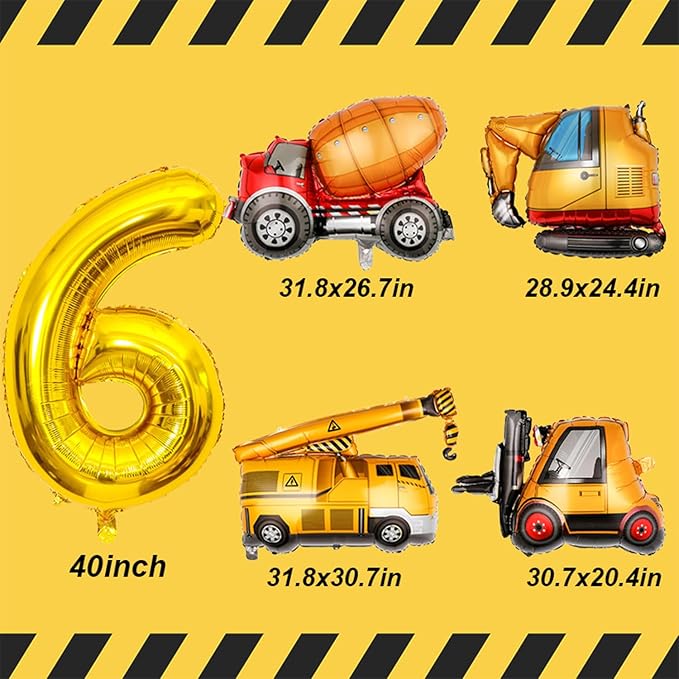 Construction Birthday Party Supplies 6 Year Old, Large Construction Balloons 40Inch Gold Number 6 Balloons Construction Truck Foil Balloons for Boys 6th Construction Birthday Party Decorations