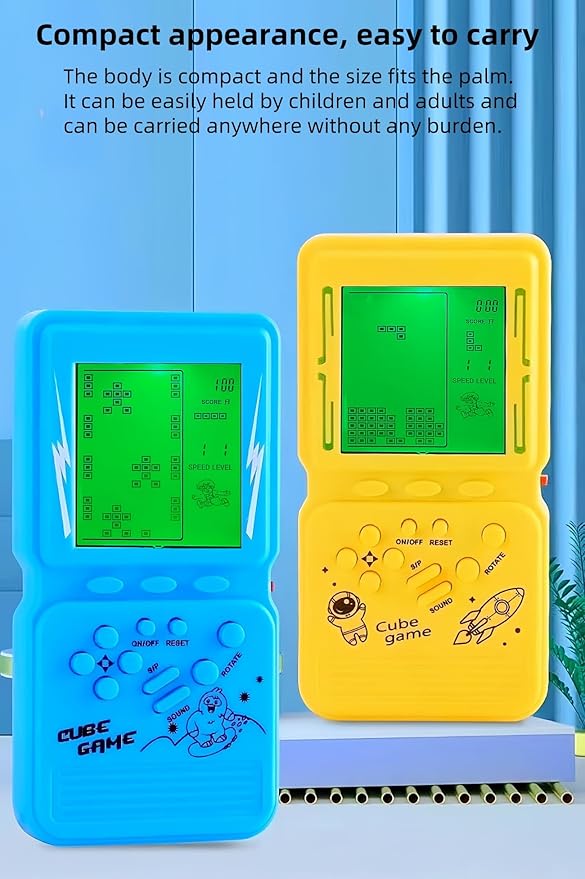 Electronic Cube Game Console Built-in 23 Block Games Thousands of Modes Green Backlight Adjustable Difficulty/Speed Handheld Puzzle Game Retro Toy for Children/Adults (Yellow)