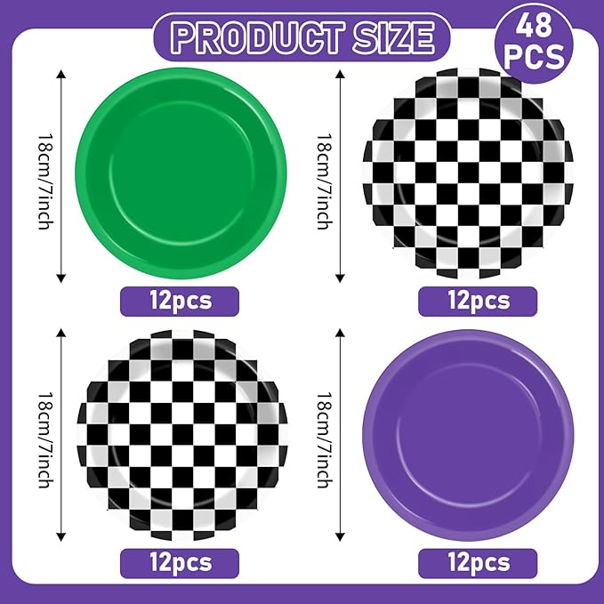 CHUNNIN 48PCS Green Purple Monster Truck Party Paper Plates for Monster Truck Themed Party Supplies 7" Checkered Racing Car Cake Disposable Dinnerware for Kids Birthday Baby Shower Decorations