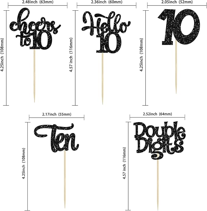 30Pcs 10th Birthday Cupcake Toppers Ten Double Hello 10 Cupcake Picks Cheers to 10 Years Old Cake Decorations for 10th Birthday Party Supplies Black Glitter