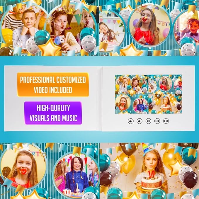 Personalized Birthday Video Greeting Card – Upload 11 Photos to Create Animated Slideshow – Fun Gift for Boys & Girls – 7” Display, 512MB Memory, Rechargeable Battery