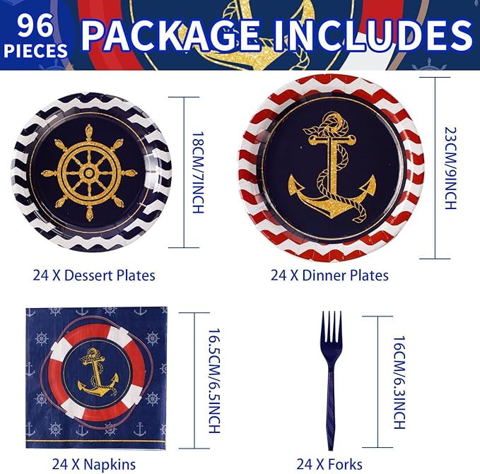 Grencian 96Pcs Nautical Anchor Party Supplies Navy Nautical Party Plates Sailor Boat Ship Paper Plates Disposable Anchor Theme Tableware Set for Baby Shower Birthday Party, Serves 24