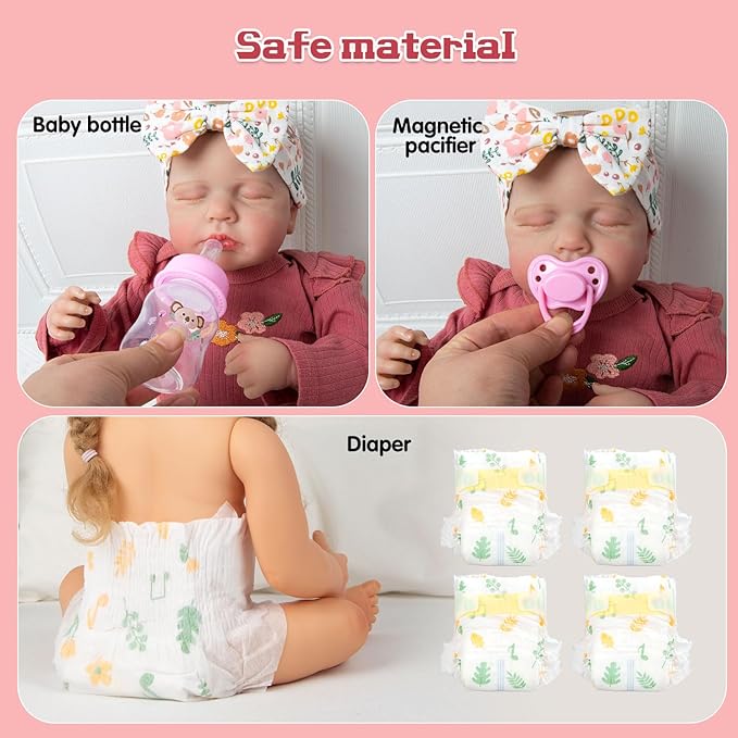 Reborn Baby Doll Clothes 17-20-22 Inch Girl Realistic Outfit Set with Red Romper & Flower Carrier and Soft Diapers 12-Piece Newborn Doll Accessories